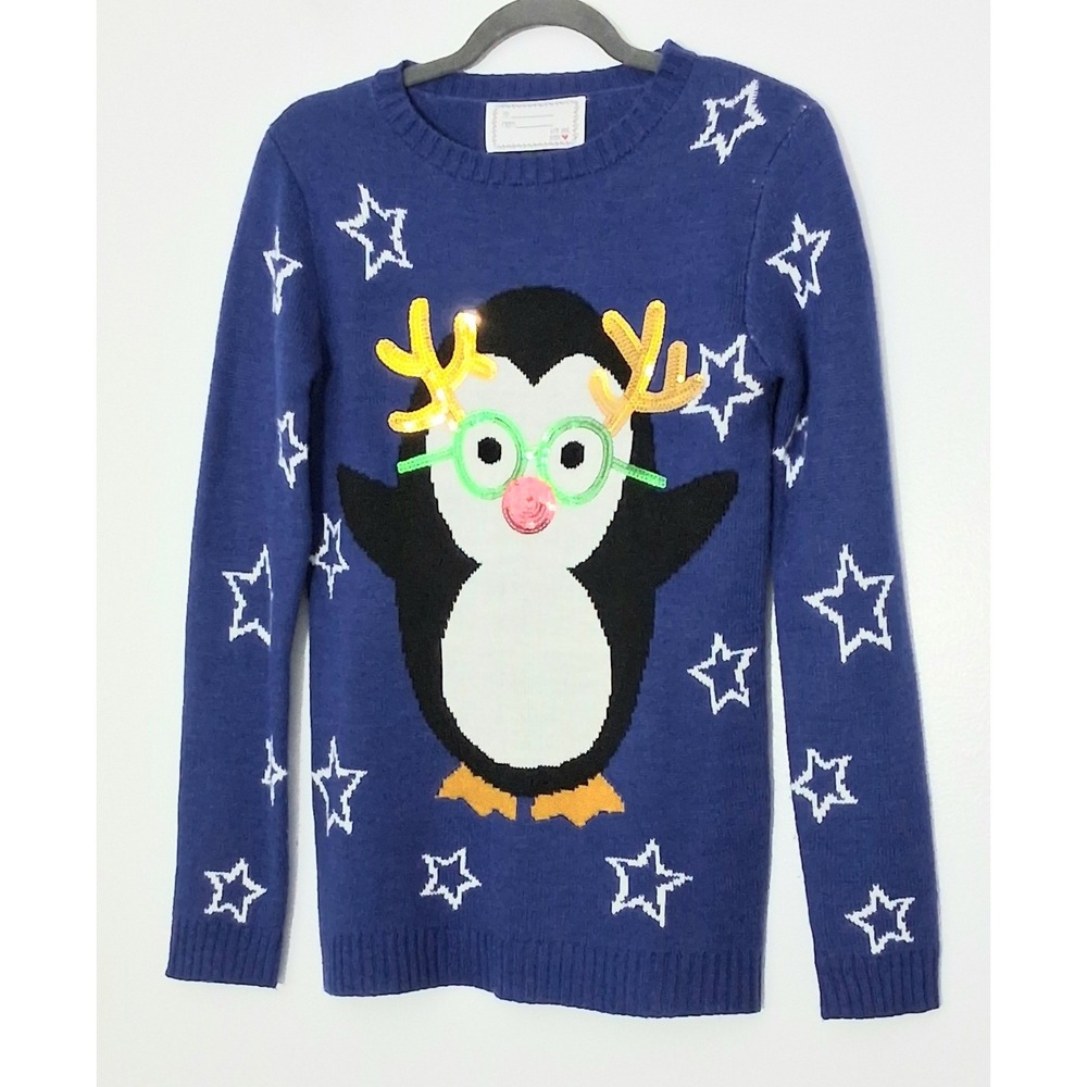 Derek‎ Heart Sweater Juniors Size Medium Blue Sequin Penguin Christmas Pre-owned